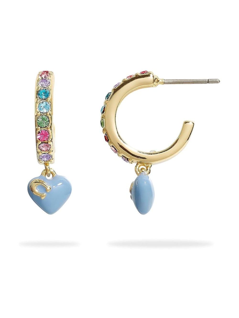 Coach Hoop Huggie Earrings with Blue Heart and Multicolor Gems - New